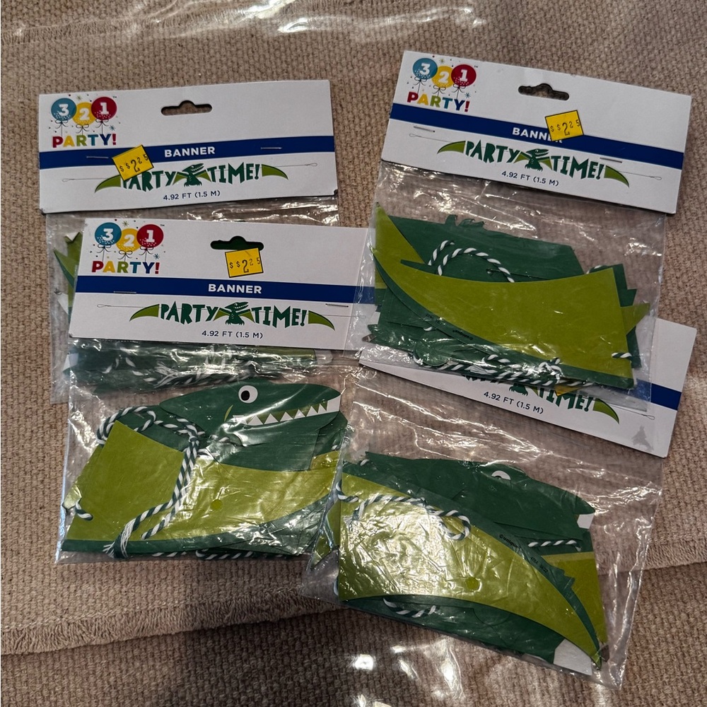 4 Party time Green Dinosaur Banner
